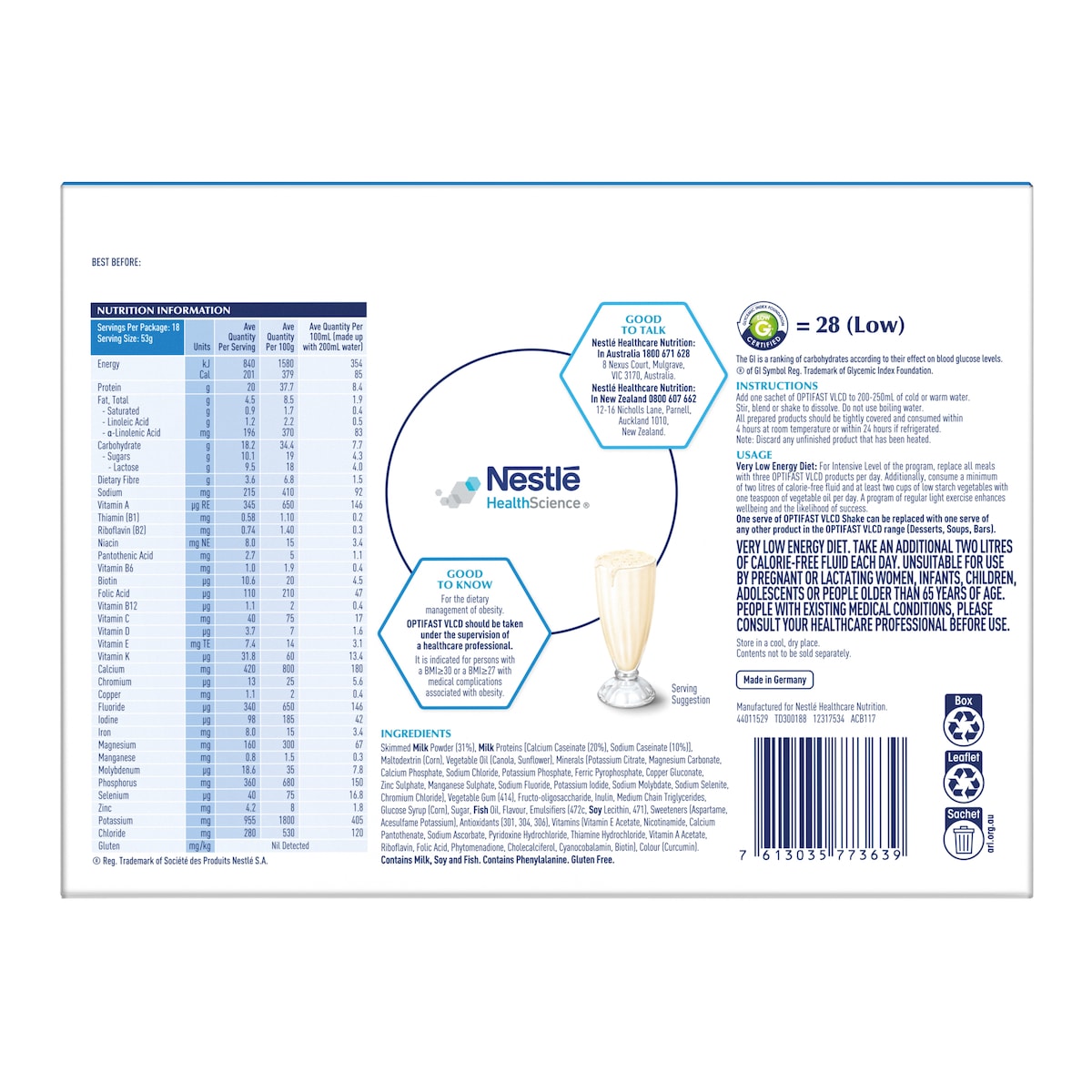 Optifast VLCD Shake Vanilla 18 x 53g Sachets