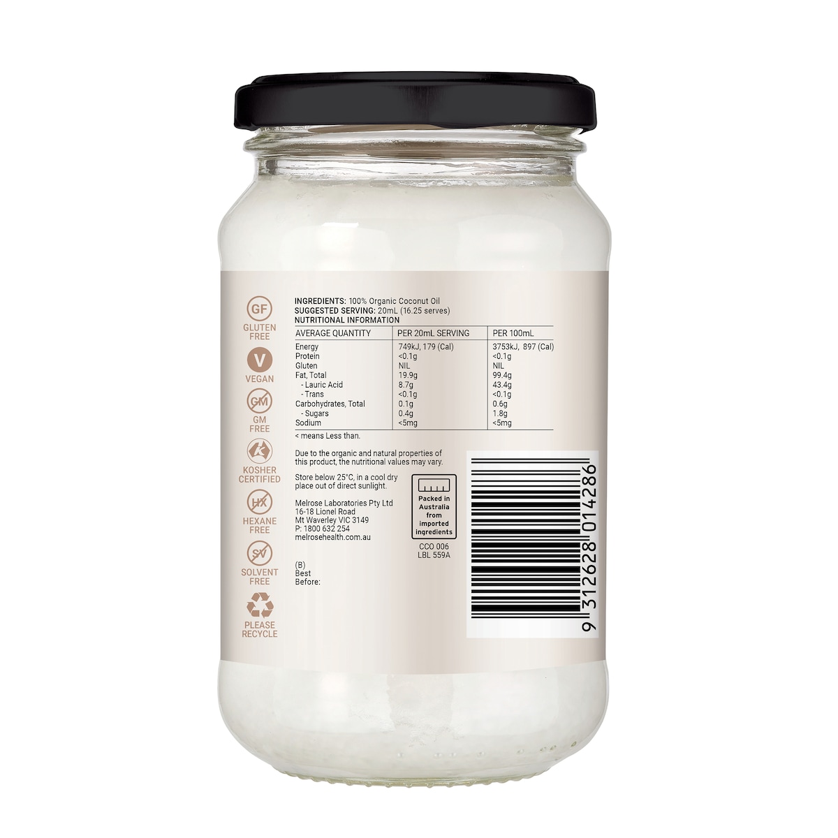 Melrose Organic Flavour Free Coconut Oil 325ml