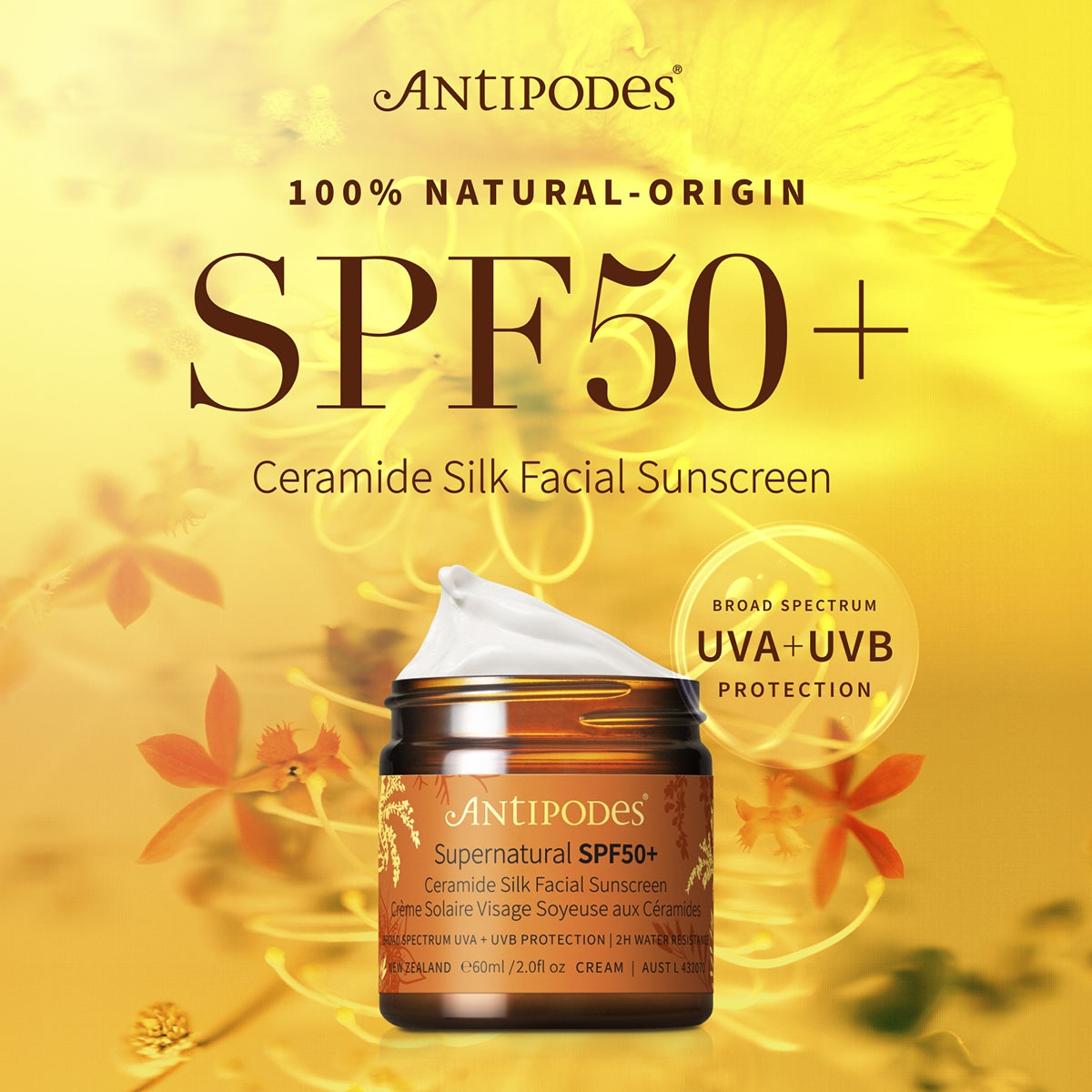 Antipodes Supernatural SPF50+ Ceramide Silk Facial Sunscreen 60ml