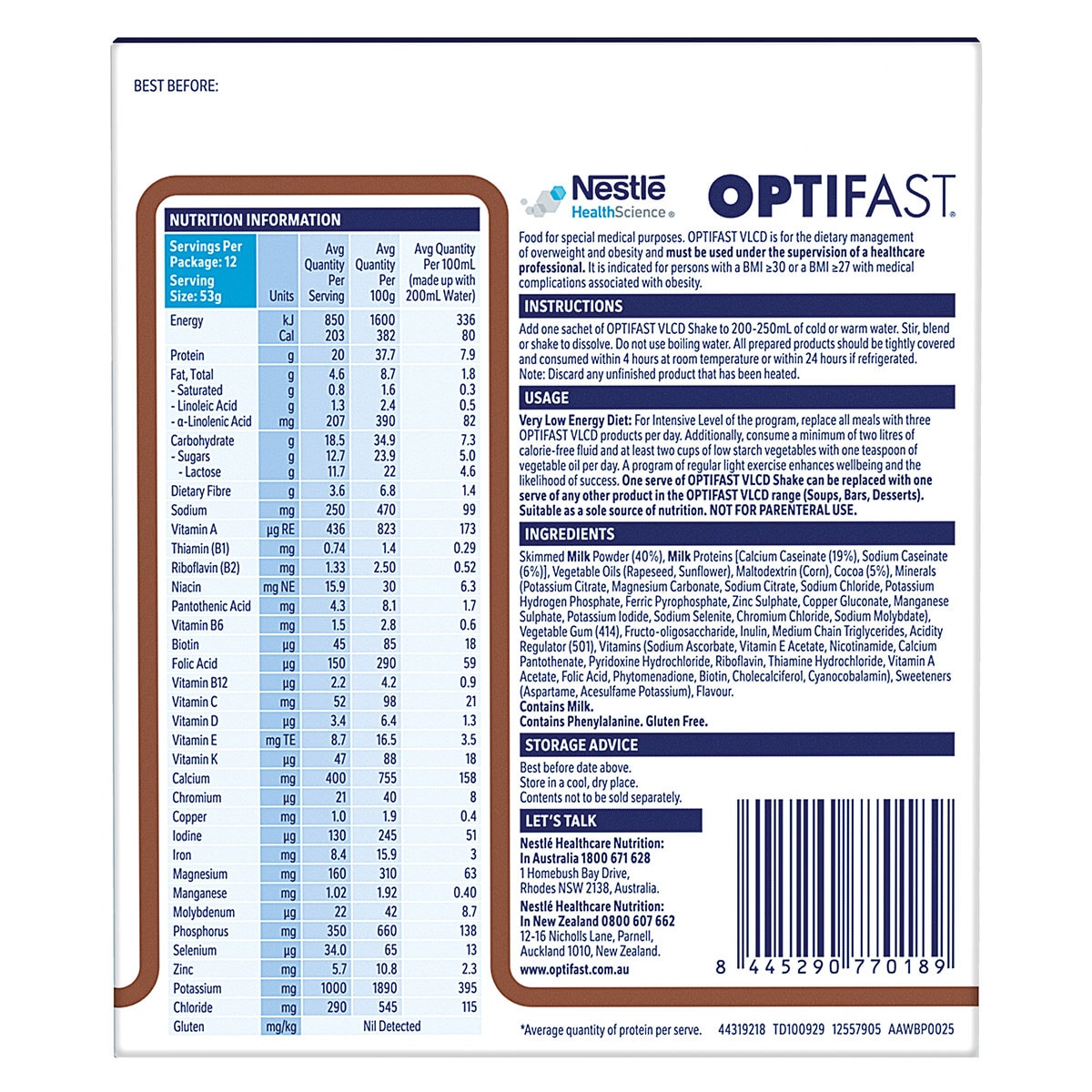 Optifast VLCD Shake Chocolate 12 x 53g