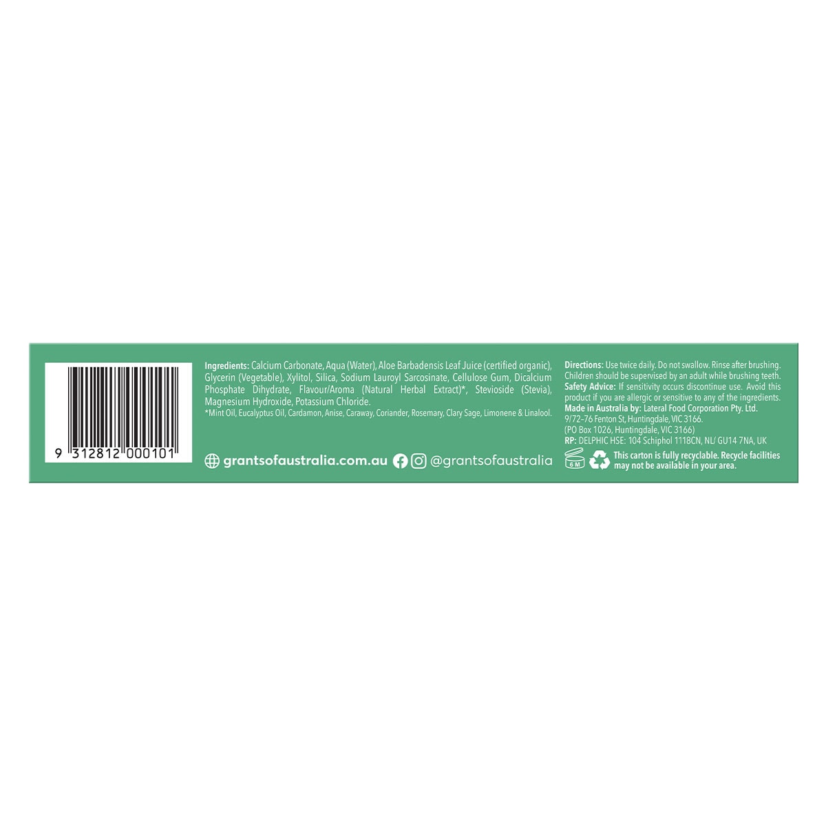 Grants Natural Toothpaste Mild Mint Fluoride Free 110g