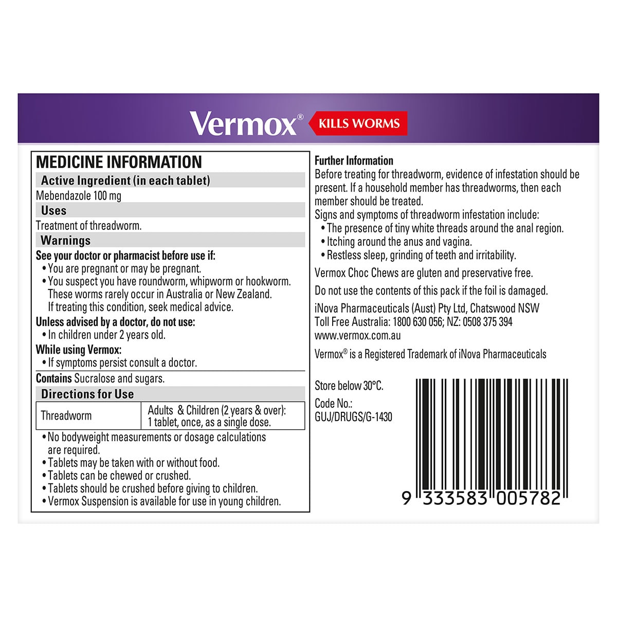 Vermox Worming Treatment Choc Chews 4 Chewable Tablets