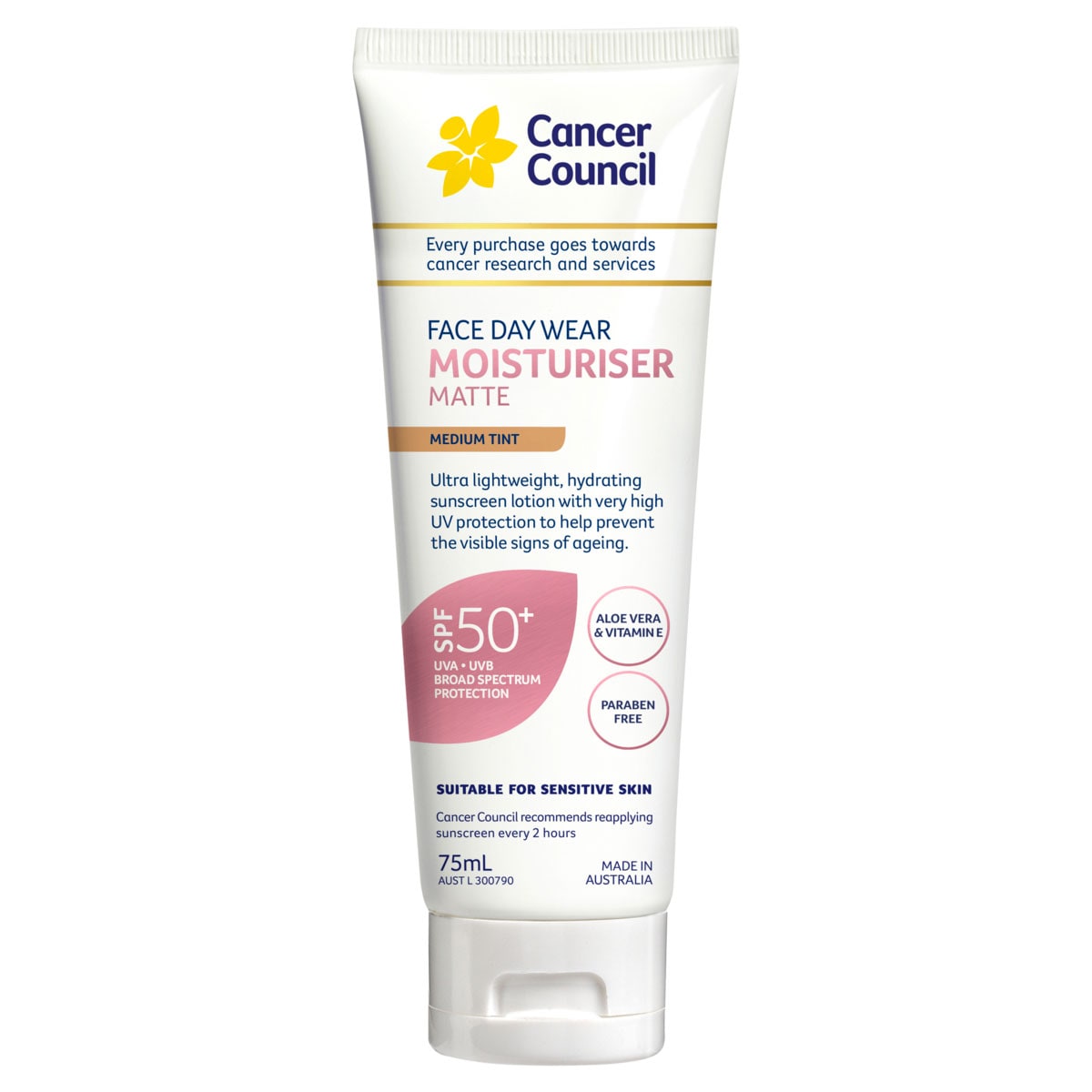 Cancer Council Face Day Wear Moisturiser Matte Medium Tint SPF50+ 75ml