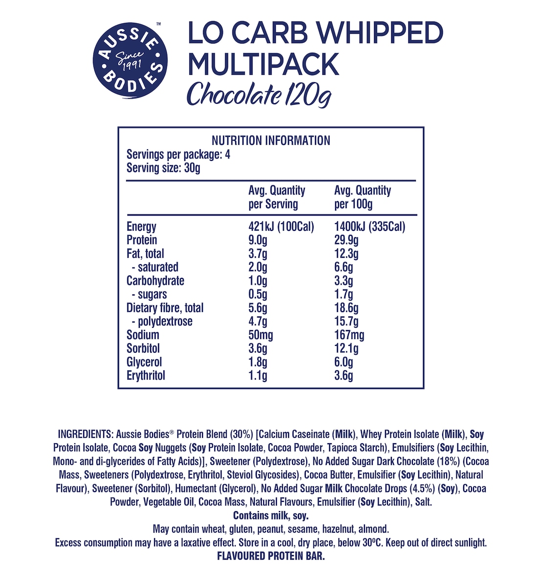 Aussie Bodies Lo Carb Whipped Chocolate Bars 4 x 30g