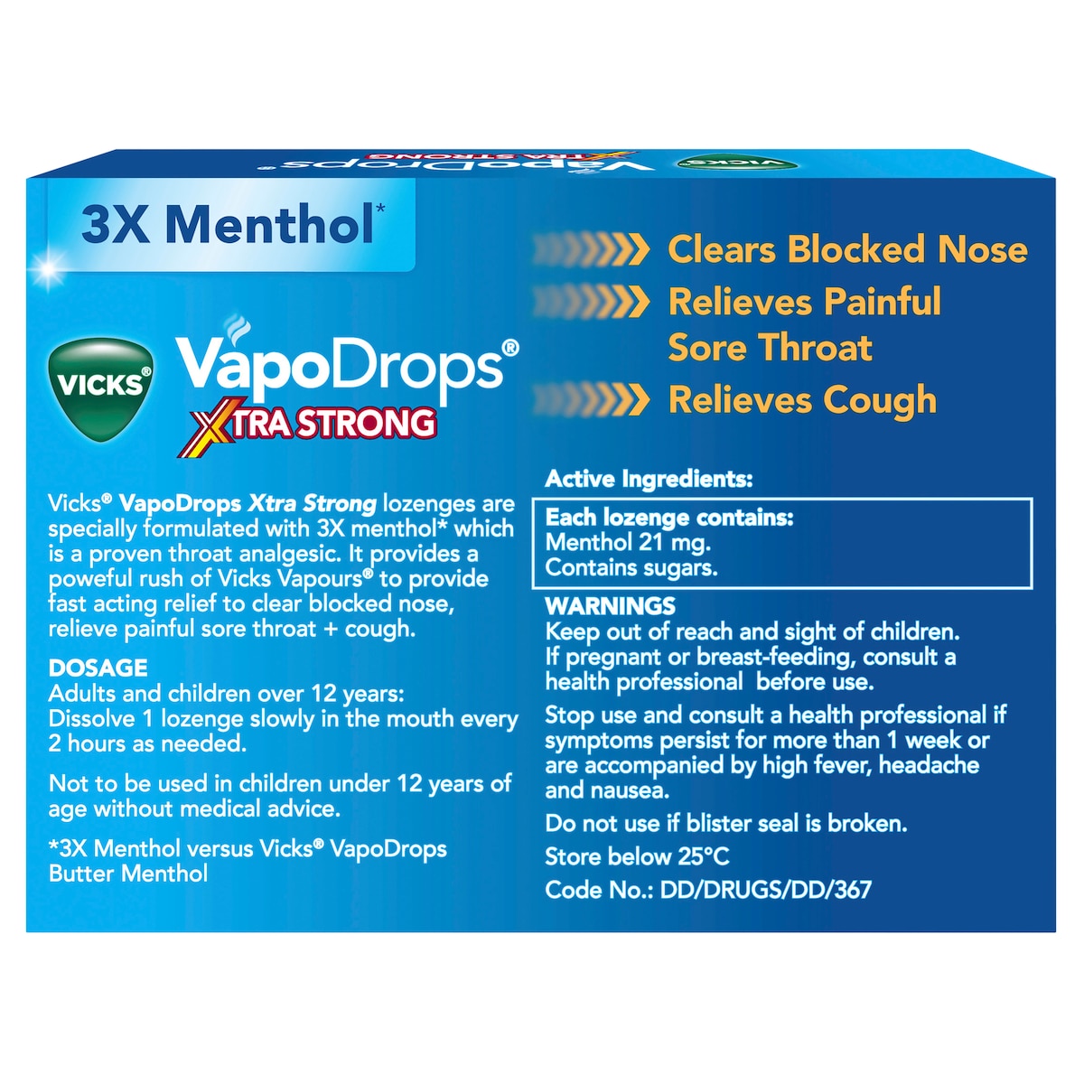 Vicks VapoDrops + Cough Xtra Strong Lemon Menthol Blast 36 Lozenges