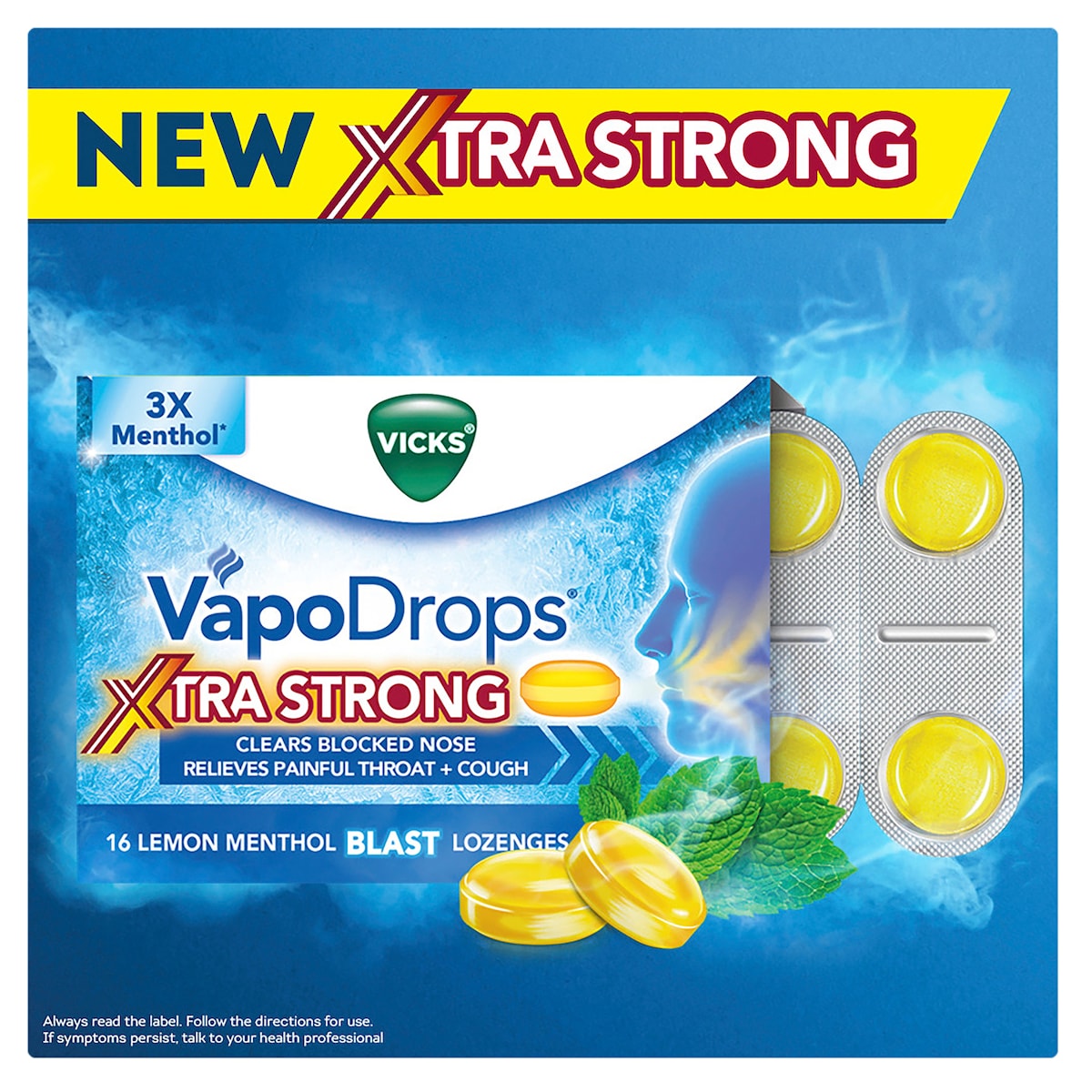 Vicks VapoDrops + Cough Xtra Strong Lemon Menthol Blast 36 Lozenges