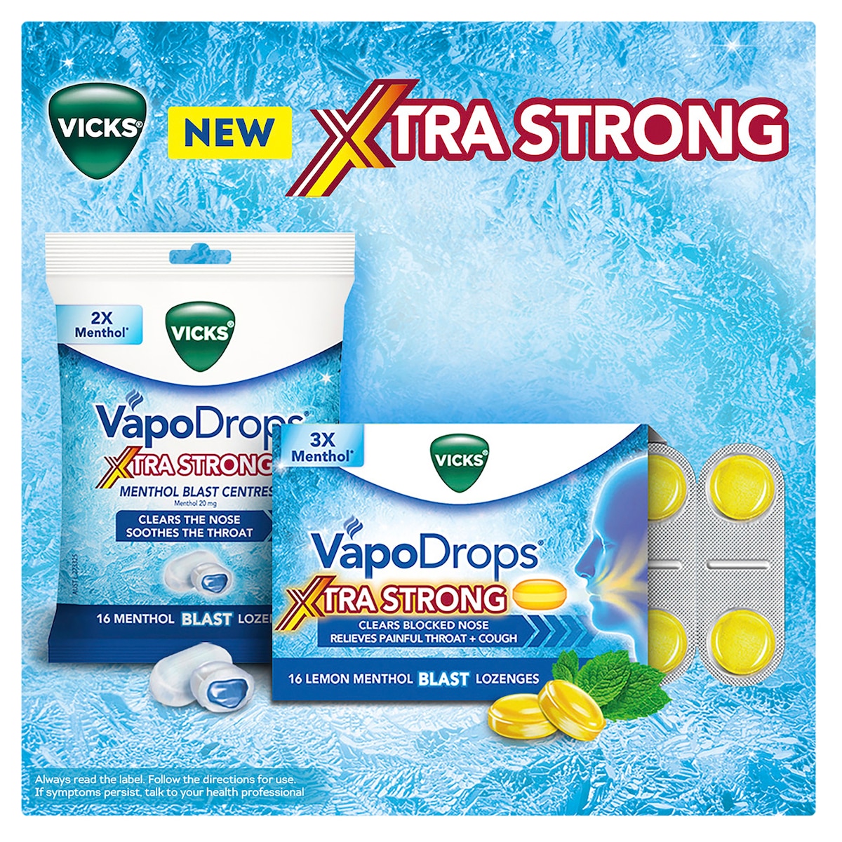 Vicks VapoDrops + Cough Xtra Strong Lemon Menthol Blast 36 Lozenges