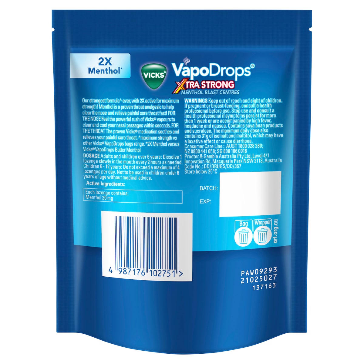 Vicks VapoDrops Xtra Strong Menthol Blast 16 Lozenges