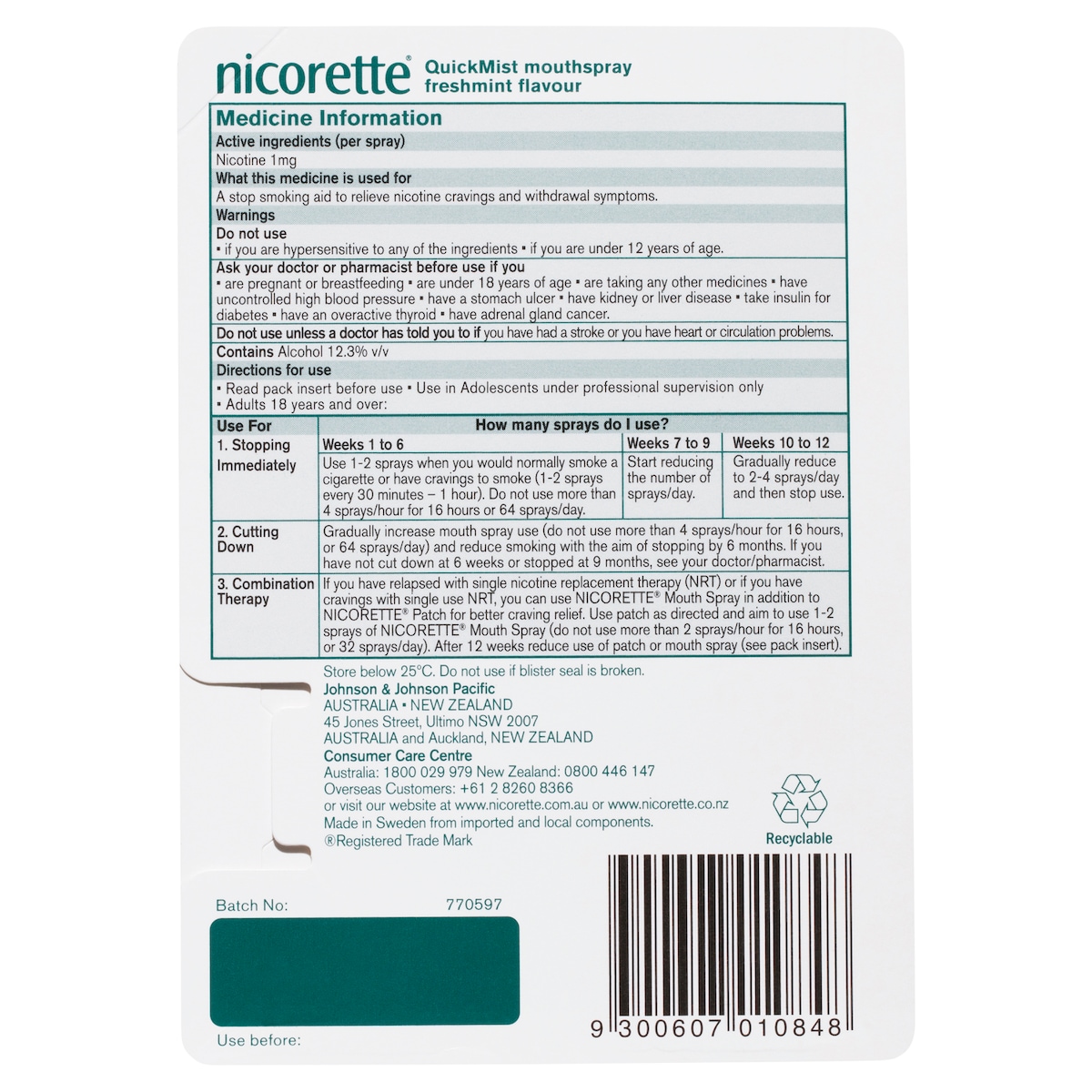 Nicorette Quit Smoking QuickMist Nicotine Mouth Spray Freshmint 150 Sprays