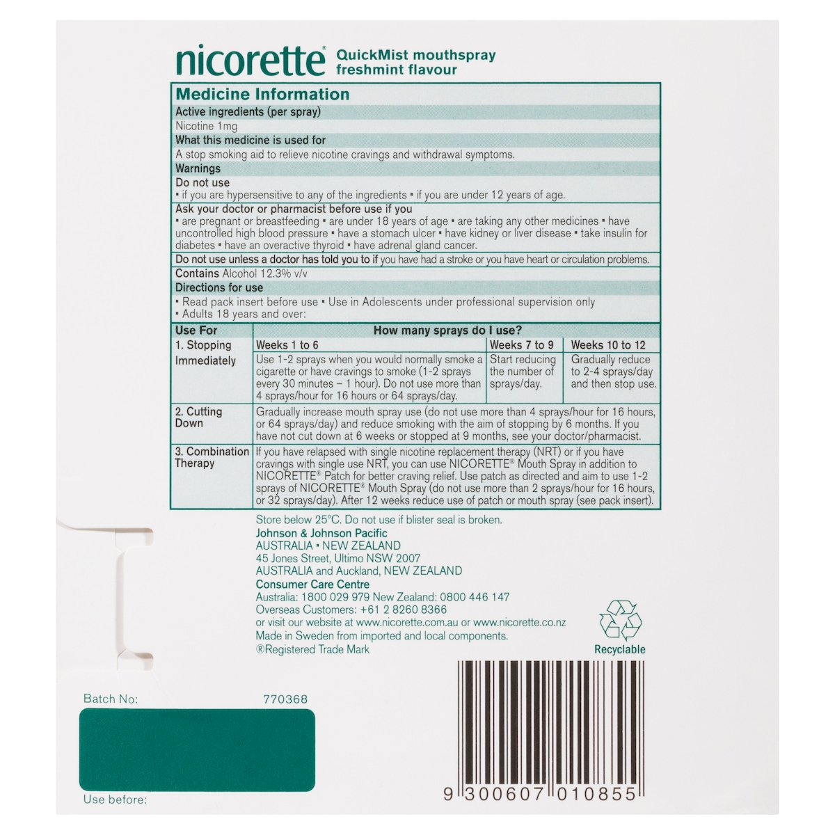 Nicorette Quit Smoking QuickMist Nicotine Mouth Spray Freshmint 2 x 150 Sprays