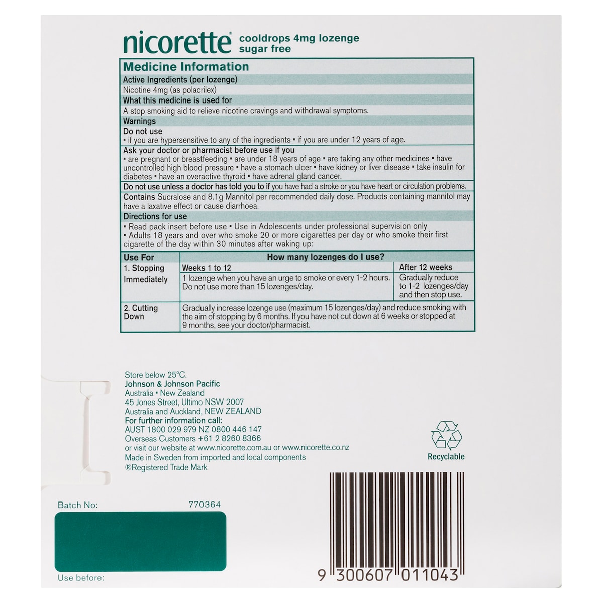 Nicorette Cooldrops Quit Smoking Nicotine Lozenges Icy Mint 4mg 80 Pack