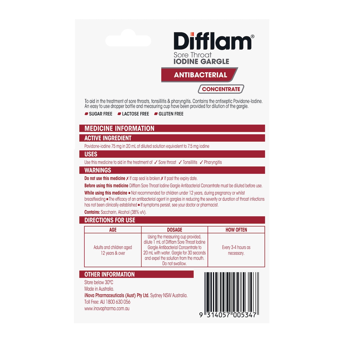 Difflam Sore Throat Gargle with Iodine Concentrate Fresh Mint 15ml